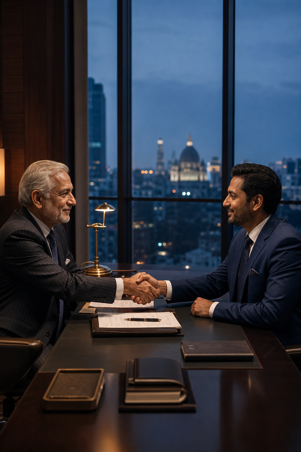 Senior NPA resolution advisor reviewing a case file in a boardroom overlooking the Mumbai financial district